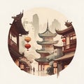 Hangzhou old town, China. Vintage style vector illustration.