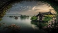 Hangzhou West Lake scenery with traditional Chinese architecture, China. Generative AI Royalty Free Stock Photo