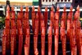 Colourful Red prayer candles at The Lingyin Temple. Hangzhou, Zhejiang, China. October 28, 2018.