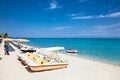 Hanioti beach with Colorful pedalos docked, Halkidiki, Greece. Royalty Free Stock Photo