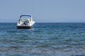 Hanioti, Greece - 09/01/2018 - Motor boat and blue water Mediterranean sea. Fun, sport, lifestile