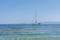 Hanioti, Greece - 09/01/2018 - Yacht and blue water Mediterranean sea. Fun, sport, lifestile