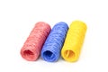 Hanks of colorful twine - pink, blue and yellow. concept of we`re different