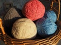 Hanks of woolen and acrylic threads. Knitting as a hobby. Accessories, balls of yarn and threads of white, pink and blue Royalty Free Stock Photo