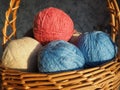 Hanks of woolen and acrylic threads. Knitting as a hobby. Accessories, balls of yarn and threads of white, pink and blue Royalty Free Stock Photo