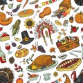Hanksgiving day doodle seamless pattern.Colorful