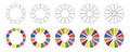 Donut charts, pies segmented on 12 equal parts. Diagrams infographic multicolored set. Wheels divided in twelve sections.