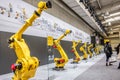 Hannover , Germany - April 02 2019 : FANUC is presenting the newest generation of robots at the HANNOVER FAIR