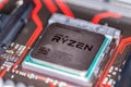 AMD Ryzen processor chip on an Asus prime 350 plus mainboard. Royalty Free Stock Photo