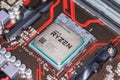 AMD Ryzen processor chip on an Asus prime 350 plus mainboard. Royalty Free Stock Photo