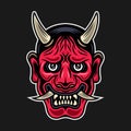 Hannya japanese theatre mask with horns, demon face vector illustration in vintage colorful style on dark background