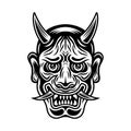 Hannya japanese theatre mask with horns, demon face vector illustration in vintage monochrome style isolated on white