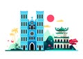 Hanoi Cathedral and Lake of the Returned Sword - colored vector illustration