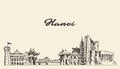 Hanoi skyline Vietnam hand drawn vector sketch