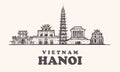 Hanoi skyline, Vietnam vintage illustration hand drawn buildings.