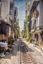 Hanoi train street, old house and railroad in Hanoi, Vietnam