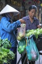 Hanoi, Viet Nam - July 05,2019: A woman salesperson is selling vegetables and fruits on her bicycle in the street Royalty Free Stock Photo