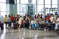 Hanoi, Vietnam - Apr 29, 2016: Queue of Asia passengers in line at boarding gate at Noi Bai international airport