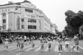 Hanoi, Vietnam - April 13, 2018: Girl group perfomrs in traffic-calmed area of Hanoi. Royalty Free Stock Photo
