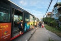 Hanoi, Vietnam - Aug 11, 2017: The bus stopping at bus station on Nguyen Khoai street Royalty Free Stock Photo