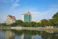 Hanoi, Vietnam - Aug 23, 2015: West Lake view with Thanh Nien street, Sofitel 5 star hotel. Hanoi cityscape in clear day