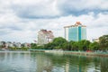 Hanoi, Vietnam - Aug 16, 2015: West Lake view with Thanh Nien street, Sofitel 5 star hotel. Hanoi cityscape in clear day