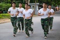 HANOI, VIETNAM - CIRCA AUGUST 2015: Vietnamese soldiers run in training outside their base