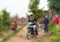 Hanoi, Vietnam - Feb 1, 2015: Farmer transports kumquat tree by motorbike at Nhat Tan garden, Hanoi. Kumquat and peach blossom are