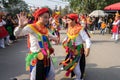 Hanoi, Vietnam - Feb 5, 2017: Men with women dress performing ancient dance called Con Di Danh Bong - Prostitutes beat the drum at