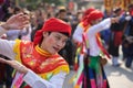 Hanoi, Vietnam - Feb 5, 2017: Men with women dress performing ancient dance called Con Di Danh Bong - Prostitutes beat the drum at