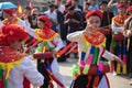 Hanoi, Vietnam - Feb 5, 2017: Men with women dress performing ancient dance called Con Di Danh Bong - Prostitutes beat the drumat