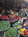 Hanoi, Vietnam, January 30, 2020 - View on a seller in the middle of a large assortment of row loose vegetables and fruits for