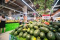 Hanoi, Vietnam - July 10, 2017: Fresh watermelon on shelf in Vinmart supermarket, Minh Khai street. Royalty Free Stock Photo