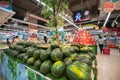 Hanoi, Vietnam - July 10, 2017: Fresh watermelon on shelf in Vinmart supermarket, Minh Khai street. Royalty Free Stock Photo