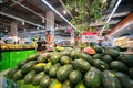 Hanoi, Vietnam - July 10, 2017: Fresh watermelon on shelf in Vinmart supermarket, Minh Khai street. Royalty Free Stock Photo