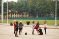 Hanoi, Vietnam, July 13, 2018, girls walk and take pictures in a central square