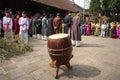 Hanoi, Vietnam - Jun 22, 2017: Traditional drum, instrument for folk holiday in communal house at So village, Quoc Oai district.