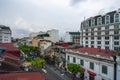 Hanoi, Vietnam - June 10, 2017: Aerial skyline view of Hanoi city, Vietnam. Hanoi cityscape by sunset period at Trang Tien street Royalty Free Stock Photo