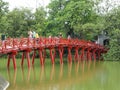 Famous red access bridge to Ngoc Son Temple. Hanoi