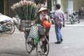 Vietnamese woman selling flowers on a bicycle Royalty Free Stock Photo