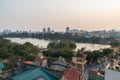 Hanoi, Vietnam - Mar 10, 2018: Aerial skyline view of Hoan Kiem lake or Ho Guom, Sword lake. Hoan Kiem is center of Hanoi city. Royalty Free Stock Photo