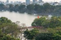 Hanoi, Vietnam - Mar 10, 2018: Aerial skyline view of Hoan Kiem lake or Ho Guom, Sword lake. Hoan Kiem is center of Hanoi city. Royalty Free Stock Photo