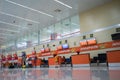 Hanoi, Vietnam - Mar 26, 2016: Flight check in counters at T1 International Terminal in Noi Bai airport. Jetstar Pacific area Royalty Free Stock Photo