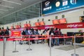 Hanoi, Vietnam - Mar 26, 2016: Flight check in counters at T1 International Terminal in Noi Bai airport. Jetstar Pacific area Royalty Free Stock Photo