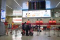 Hanoi, Vietnam - Mar 26, 2016: Flight check in counters of Vietjet Air airlines at T1 International Terminal, Noi Bai Internation