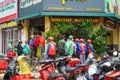 Grab and Now drivers queue to order food on Pham Ngoc Thach street. Online transportation service