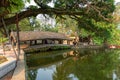 Hanoi, Vietnam - Mar 11, 2019: Nhat Tien bridge in Thay Pagoda, one of the oldest Buddhist pagodas in Vietnam, in Quoc Oai