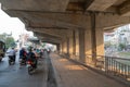 Hanoi, Vietnam - Mar 21, 2019: Traffic under elevated electric train road on Lang street