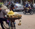 Hanoi, Vietnam, March 31th 2019: A woman carries fruit in baskets strapped to her bicycle in Vietnam