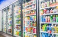 HANOI,VIETNAM - March 1,2021 -Variety of soft drinks,energy drinks,sport drinks and fruit juice on Freezer shelves at convenience